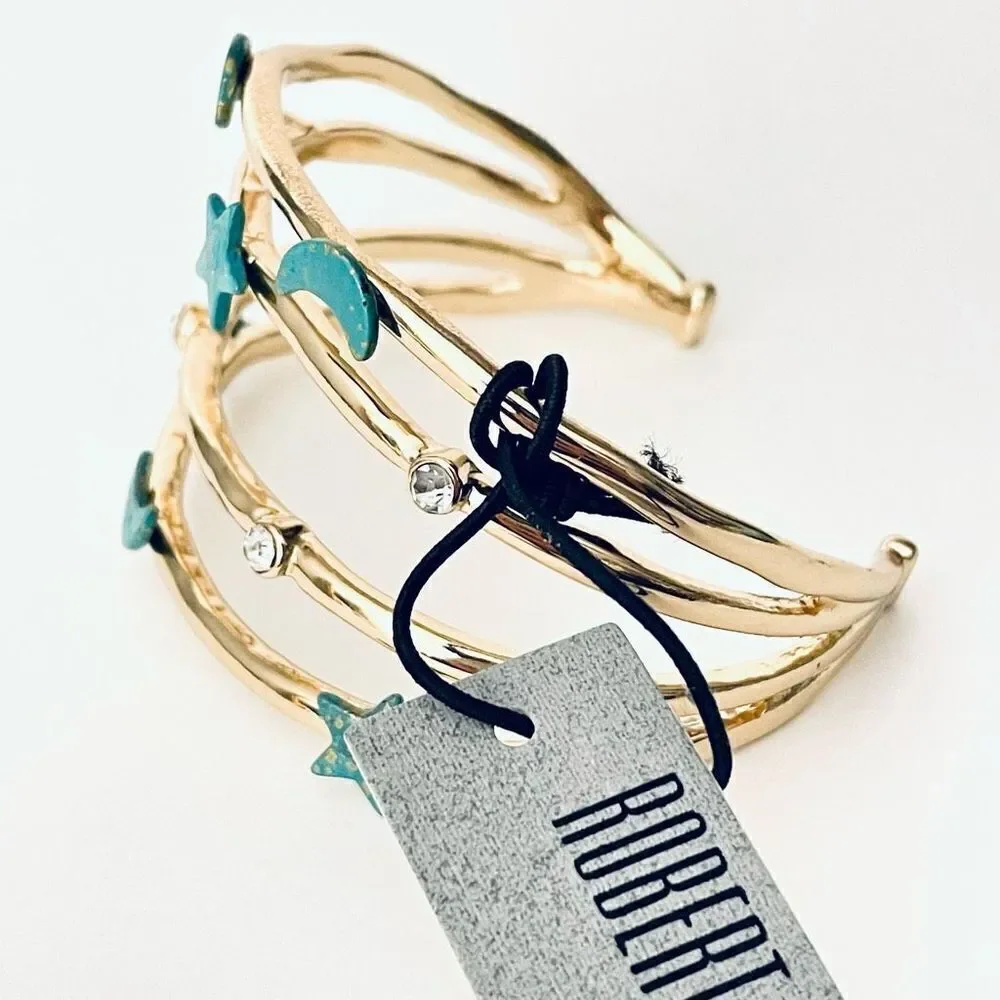 NWT Robert Lee Morris multi-row celestial Gold green patina Cuff Bangle Bracelet